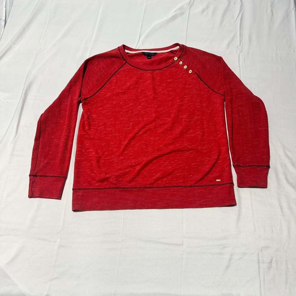 Tommy Hilfiger Women’s Red Waffle Knit Sweater Large Button Shoulder Long Sleeve